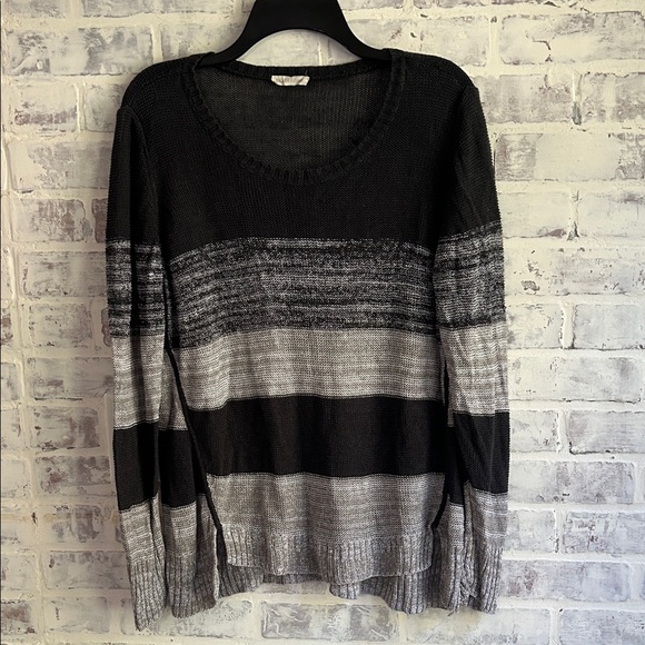 Eileen Fisher Women’s Large Organic Linen Gray Colorblock Stripe Knit Sweater - Picture 1 of 11